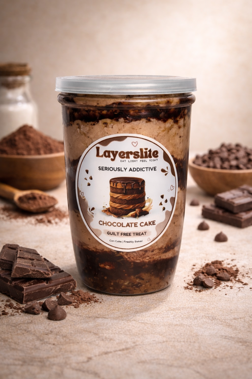 Jar of Layerslite chocolate cake flavor on a surface with chocolate chips and cocoa powder.