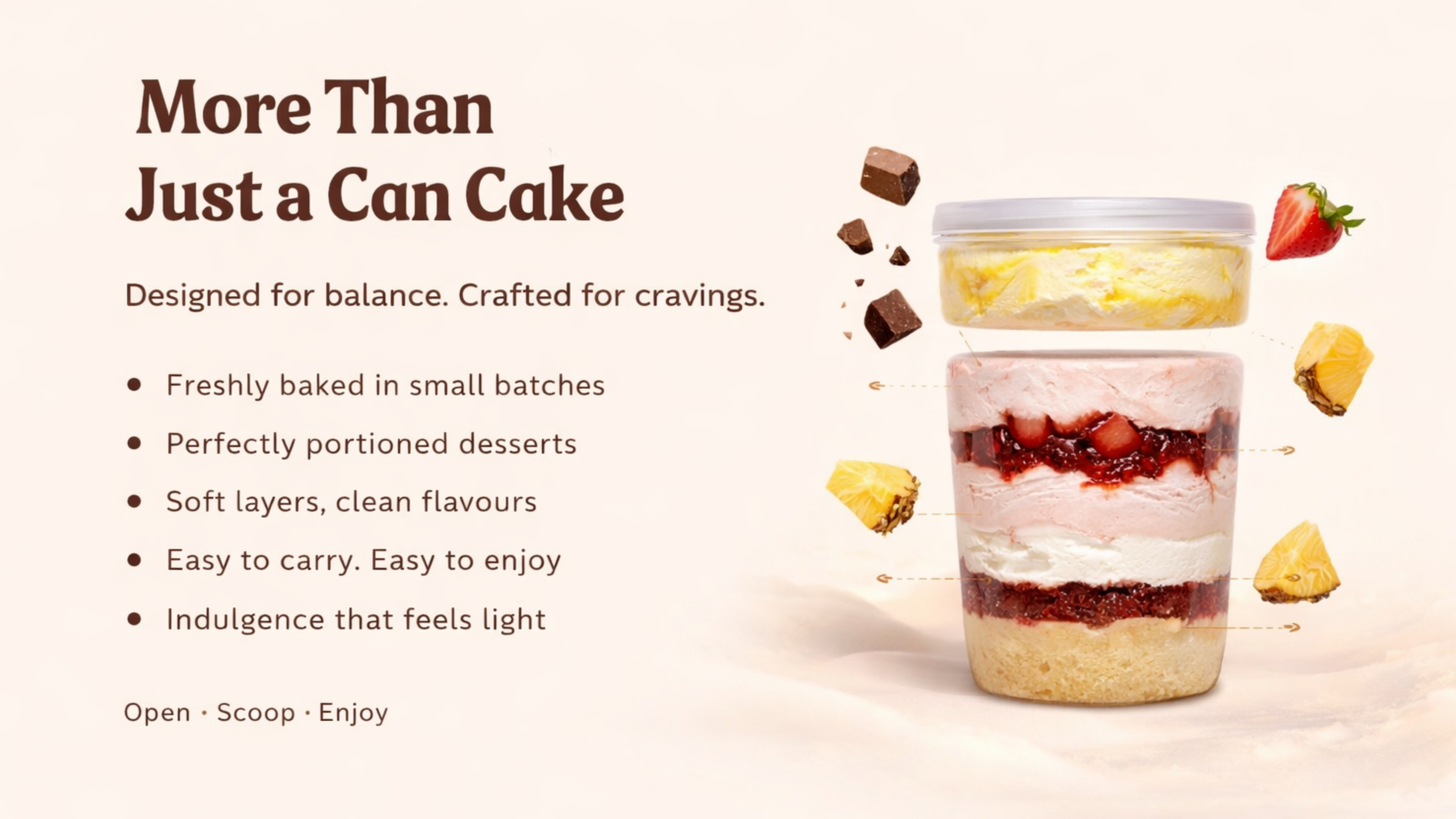 Layered dessert in a can with text about the product on a light background