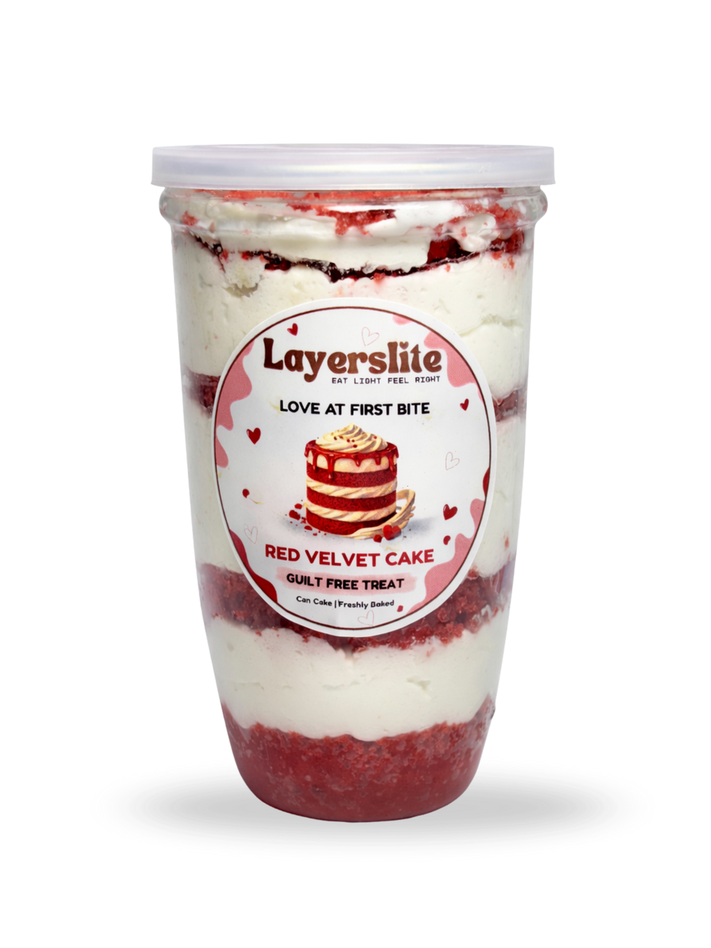 Layerslite red velvet cake treat container on a black background