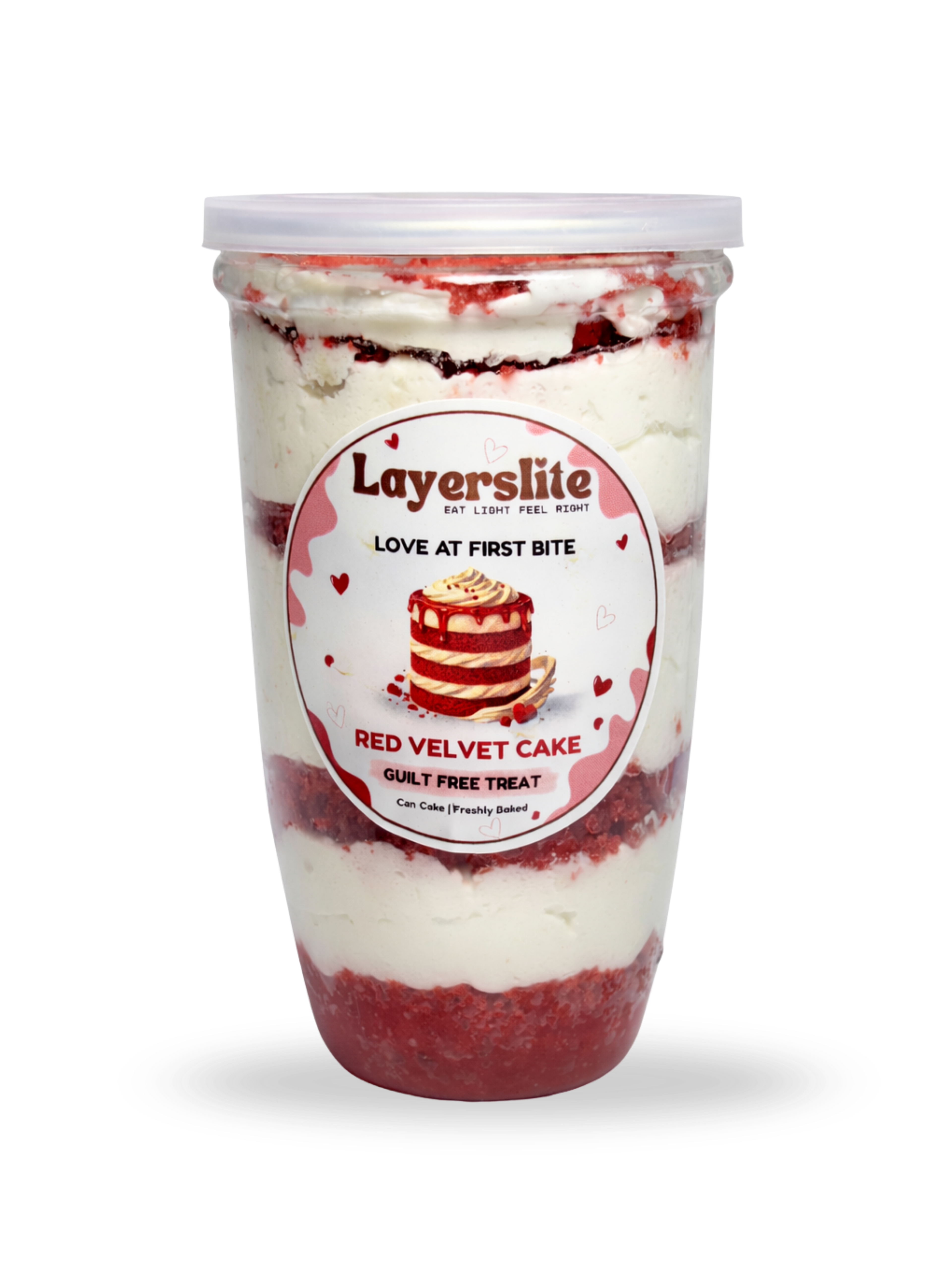 Layerslite red velvet cake treat container on a black background