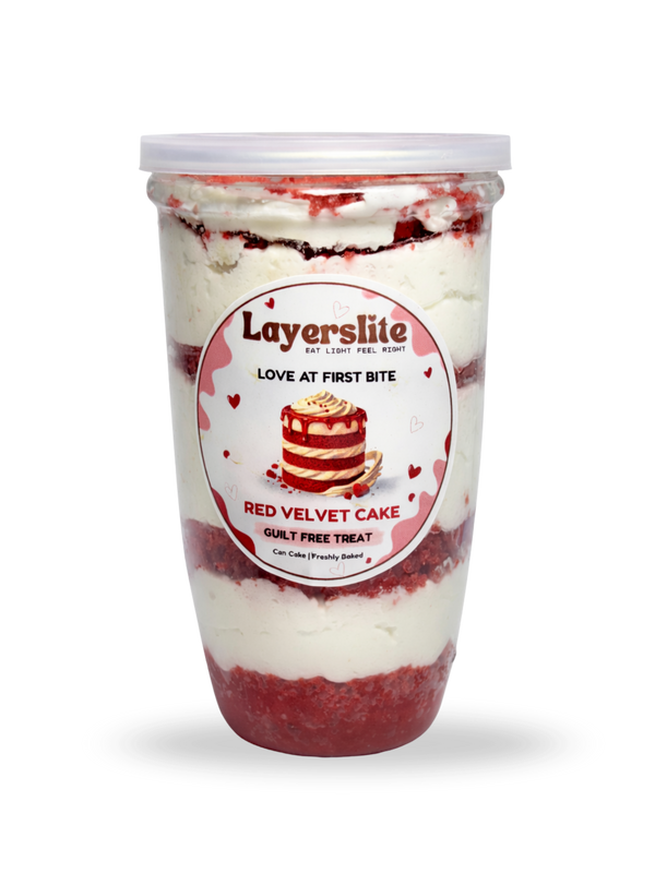 Layerslite red velvet cake treat container on a black background