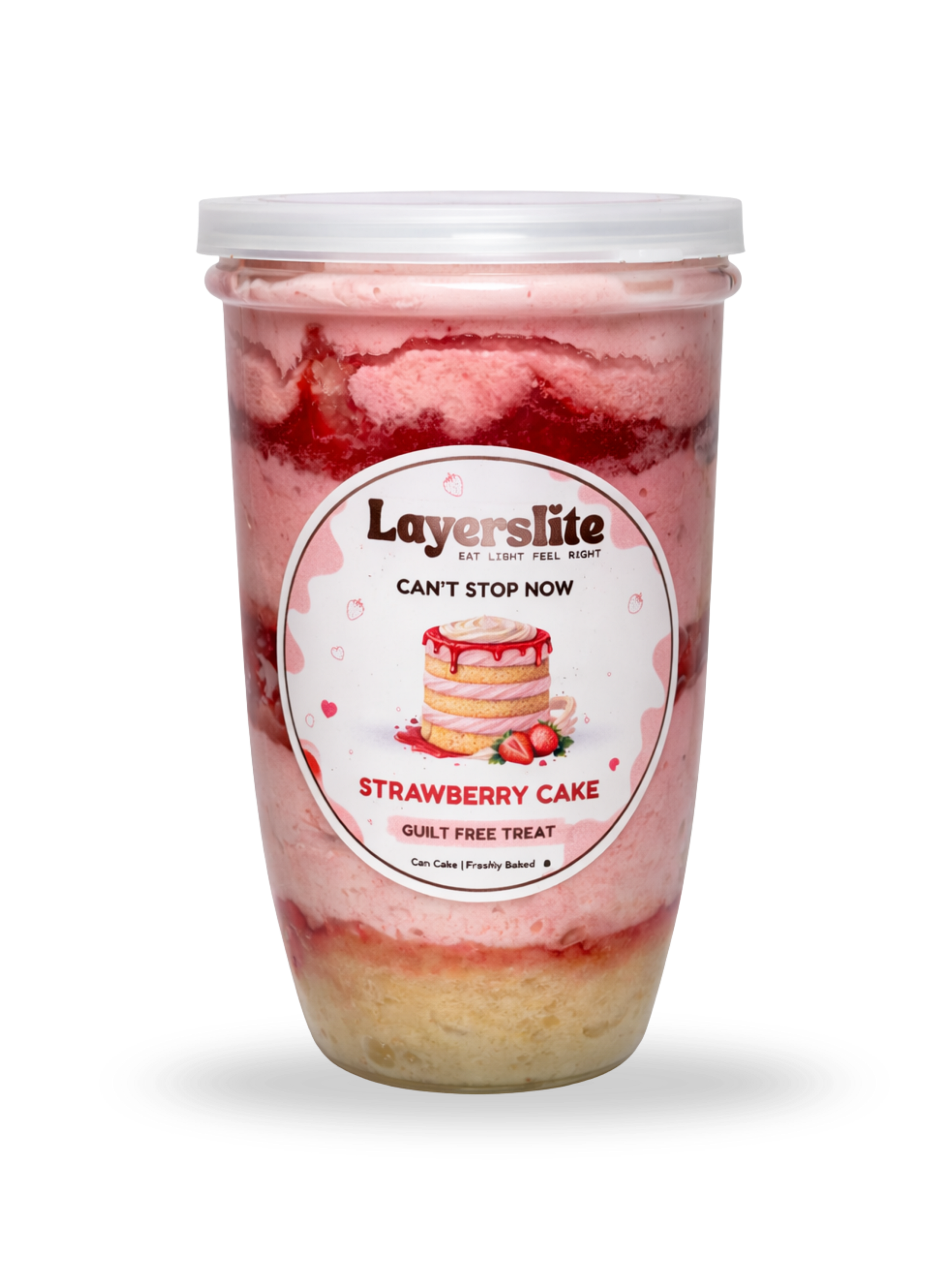 Layerslite strawberry cake ice cream container on a white background