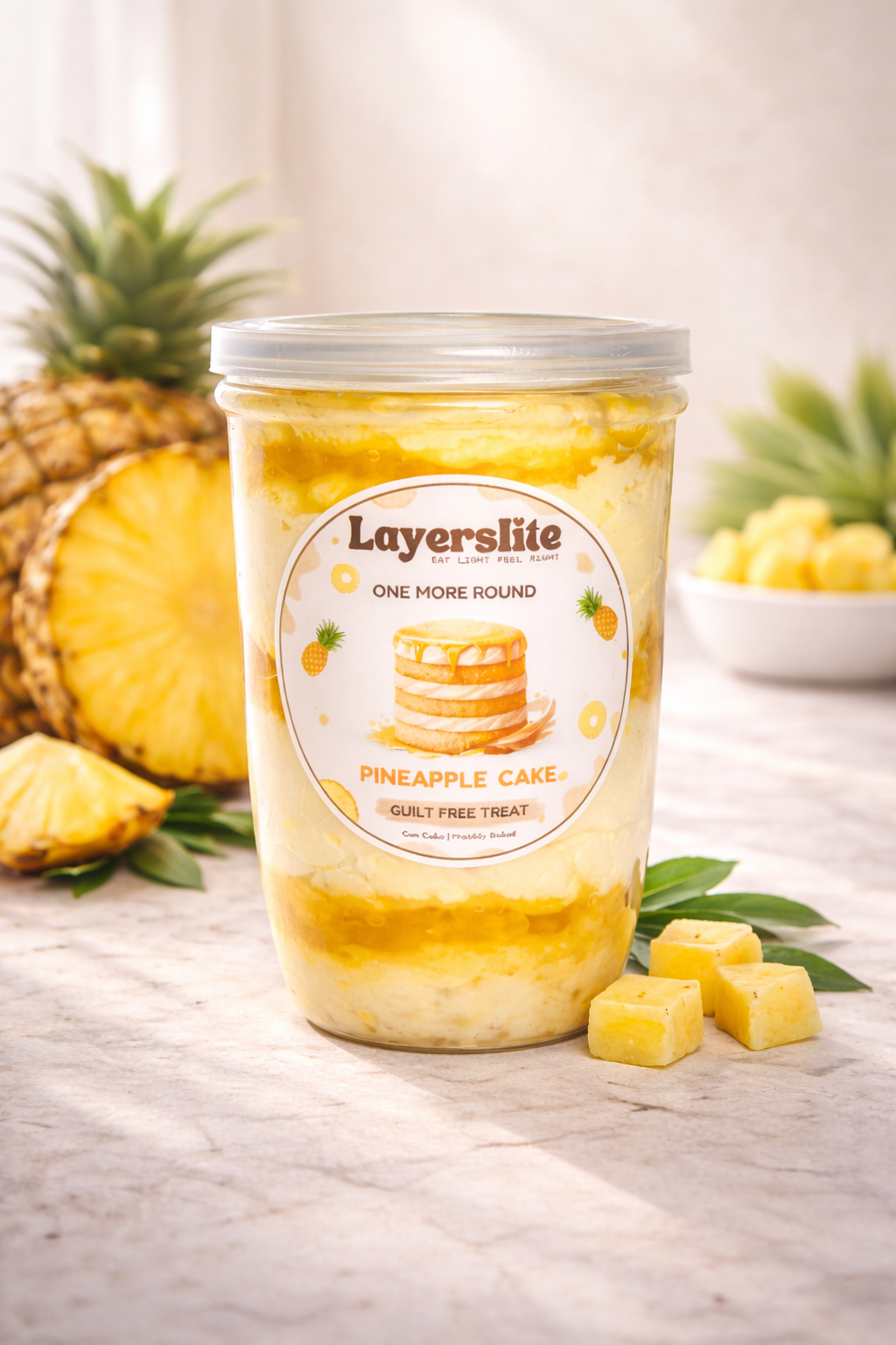 Jar of Layerslite Pineapple Cake flavor on a marble surface with pineapple slices and leaves.